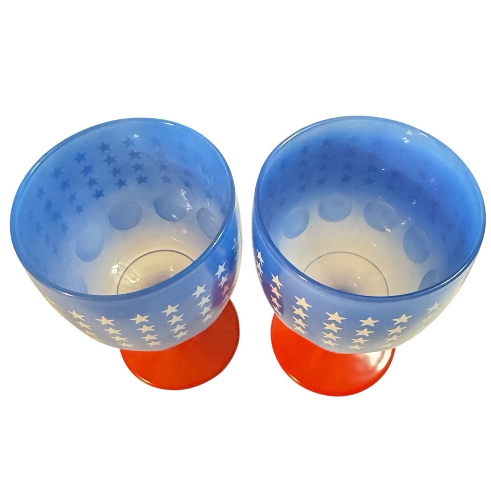 Vintage Pair of Blue & Red Thumbprint Goblets | Stars Patriotic Pressed Glass 6" - Picture 6 of 16